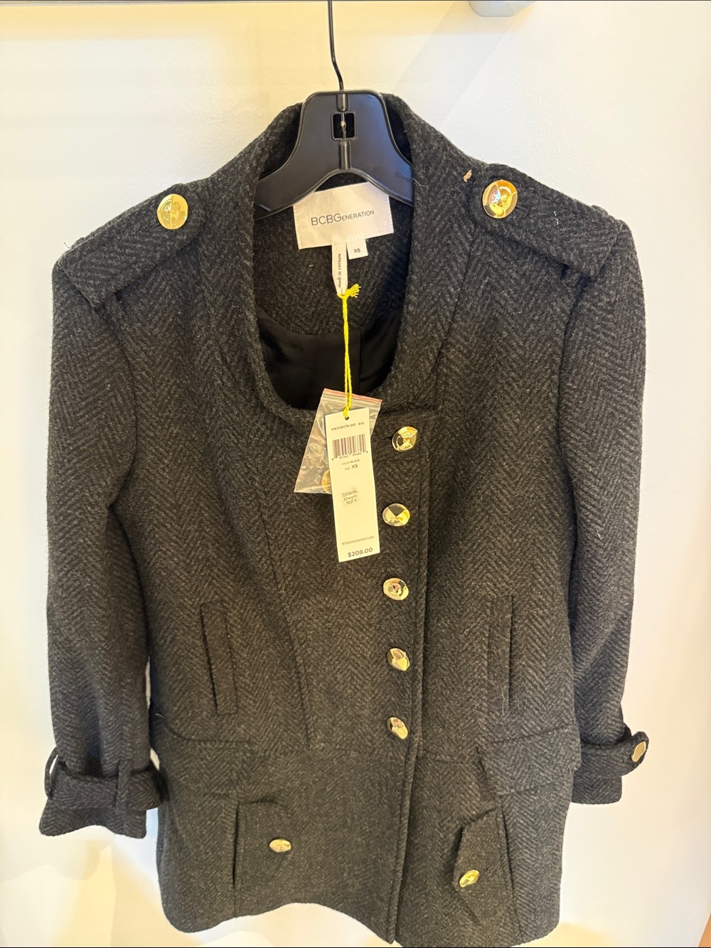 BCBGeneration Charcoal Herringbone Double-Breasted Pea Coat with Gold Buttons